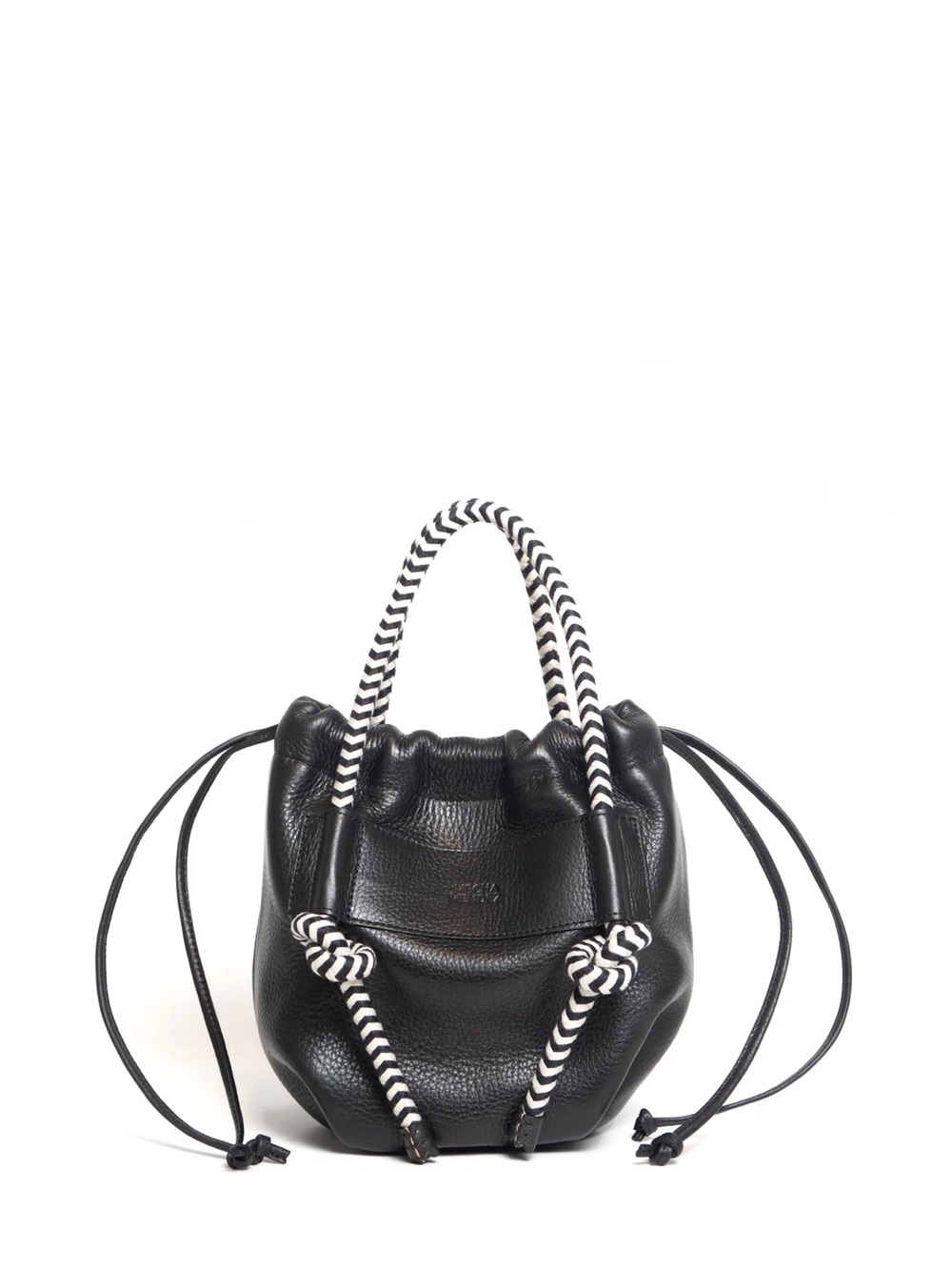 Mecha Mendez Black Leather Drawstring Tote with Striped Rope Hand